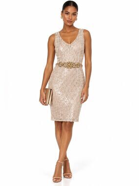 BADGLEY MISCHKA Sleeveless Beige Lace Sequin Dress Size US10